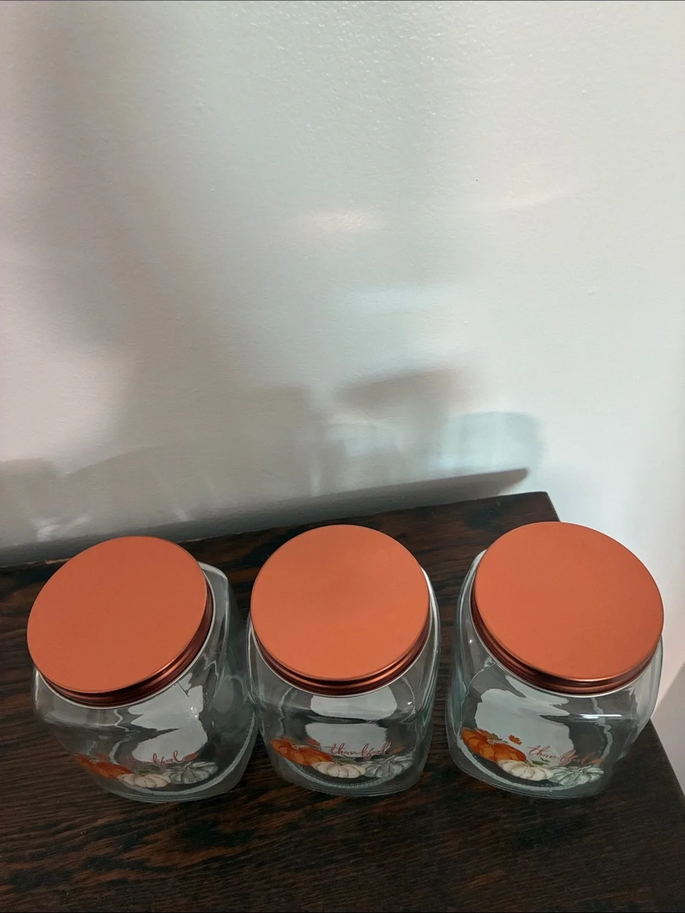 NWT- Set of 3- THANKFUL- Pumpkin Trio Harvest Glass Jars w/ Screw On Copper Lid